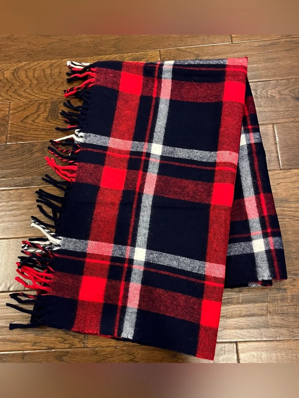 VINTAGE Sears Harmony House Red Plaid Wool Throw Blanket 70”X52” With Fringe